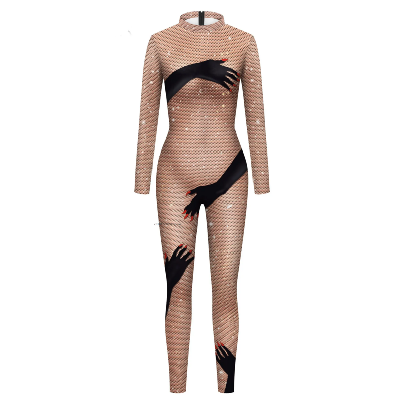 2024 Jumpsuit for Woman Beaded Mesh Print Holiday Cosplay Costume Party Disguise Oufit Female Zentai Bodysuit Sexy Catsuit
