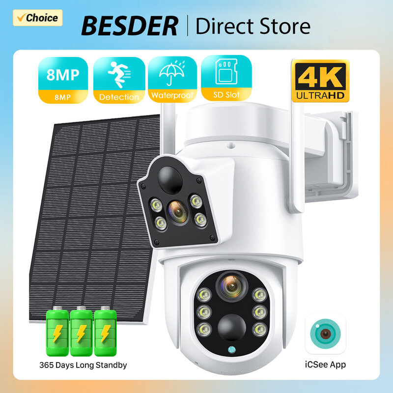 BESDER-cámara Solar IP 4K de 8MP, videocámara con batería de 7800 mAh, HD, 4MP, lente Dual, WiFi, Panel Solar, CCTV de seguridad