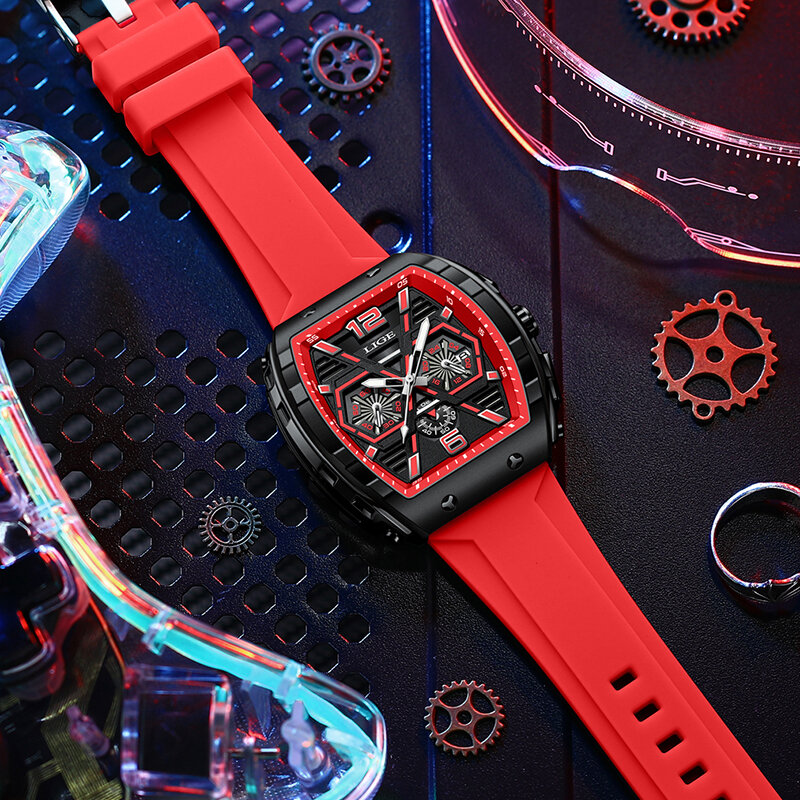 Часы наручные LIGE Мужские кварцевые, брендовые Роскошные водонепроницаемые светящиеся с большим циферблатом, с силиконовым хронографом и датой
