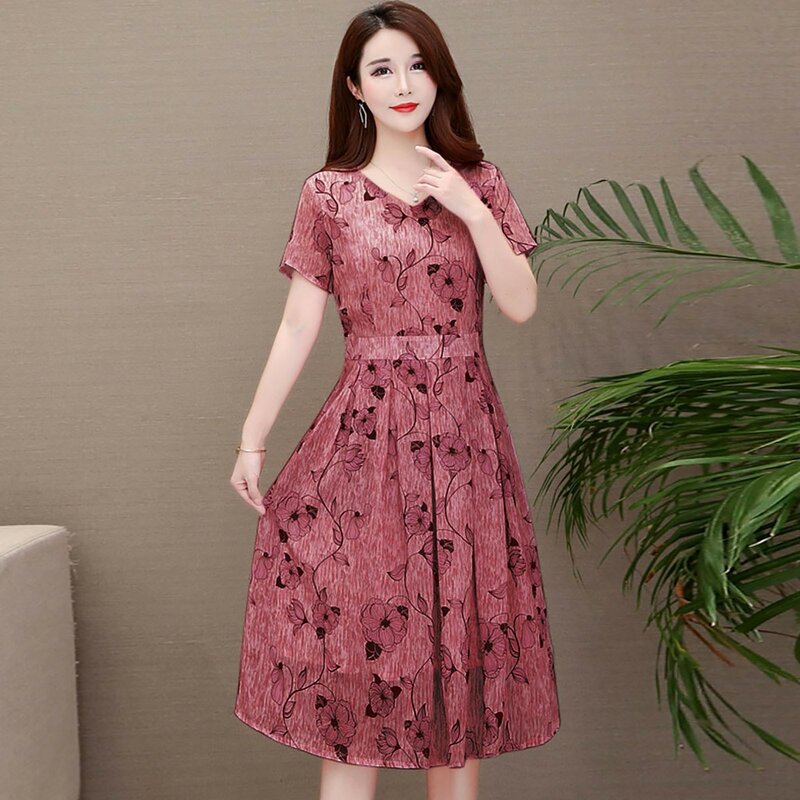 Fashion Women Casual Floral Printed Sundress Summer V-Neck Short Sleeve A-Line Dress Casual Comfortable Party Long Dress Vestido