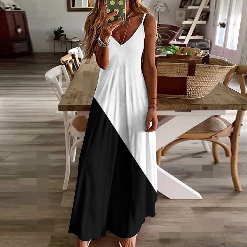 Weiß und schwarz zweifarbig ärmelloses Kleid Brautkleider Sommerkleid Frauen