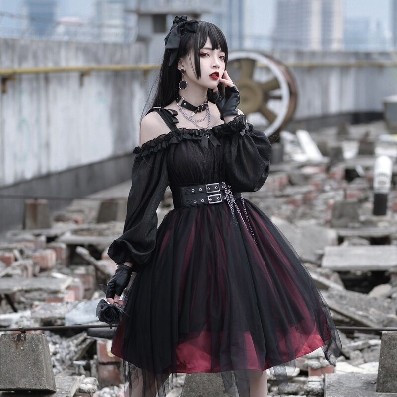 Vintage Gothic Lolita Dress Victorian Harajuku Girly Killer Irregular Mesh Dress Cosplay Women Kawaii Long Sleeve Party Dresses