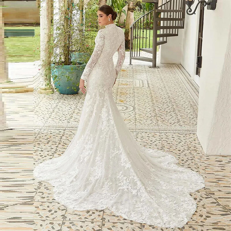 Элегантное кружевное свадебное платье с юбкой-годе, свадебное платье с высоким воротником и длинным рукавом со шлейфом, свадебные платья 2024, изготовленные на заказ