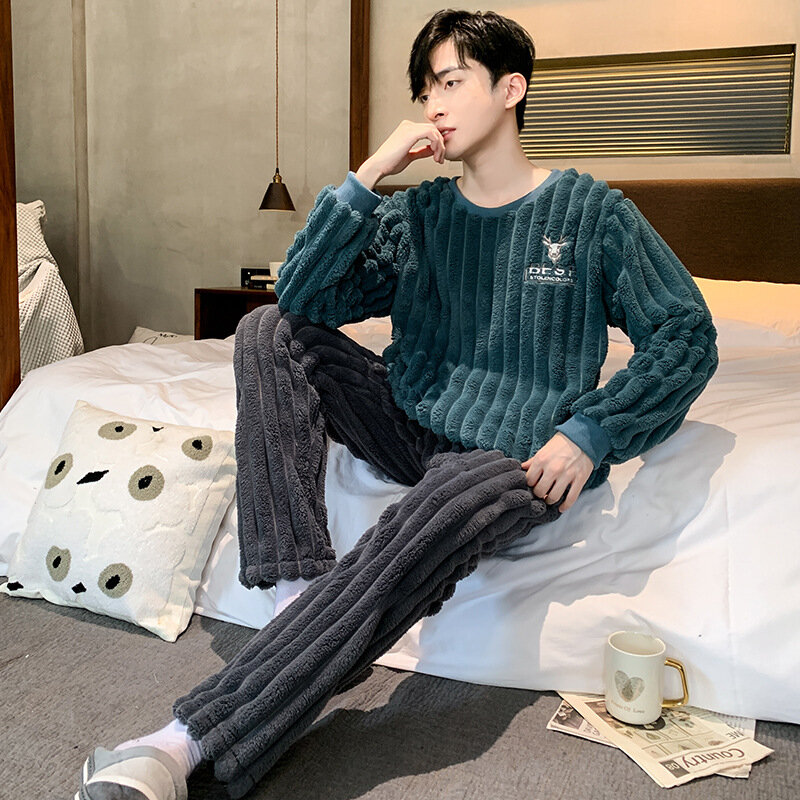 2022 Winter Lange Mouwen Dikke Warme Flanellen Pyjama Sets Voor Mannen Koraal Fluwelen Koreaanse Mode Nachtkleding Pak Pyjama Homewear Set