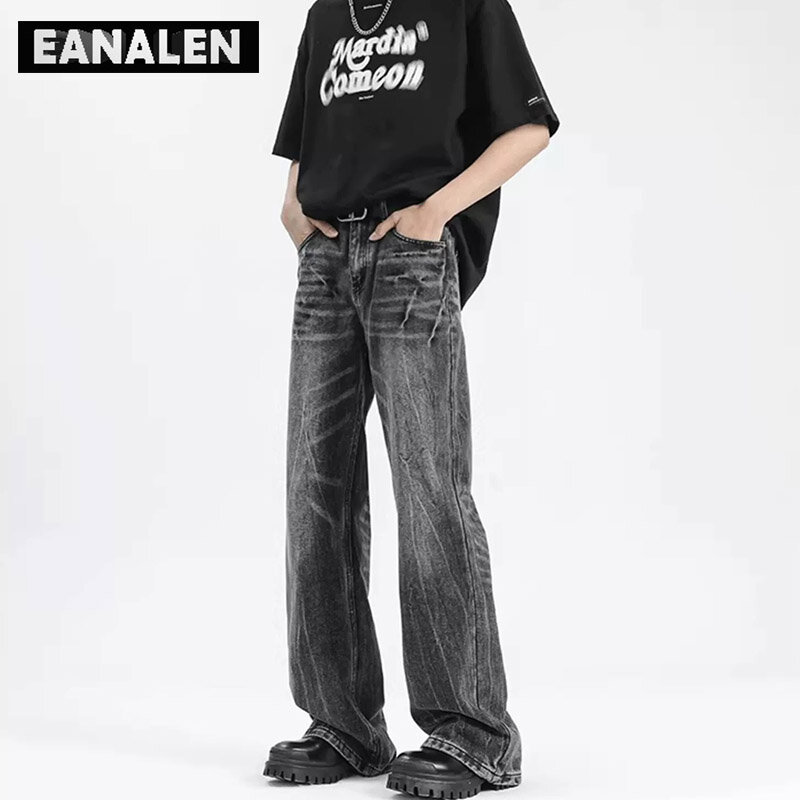 Harajuku Retro Blue Black Lightning Tie Dye Loose Jeans Men's Oversized Streetwear Y2K Rock Punk Casual Slim Washed Pants Women
