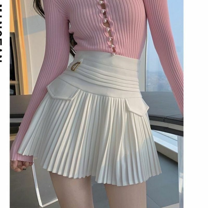Y2k New Spring Summer Women's Pleated Skirt High-waisted Metal A-line Short Mini Skirts Invisible Zipper Anti-glare Lining Skirt