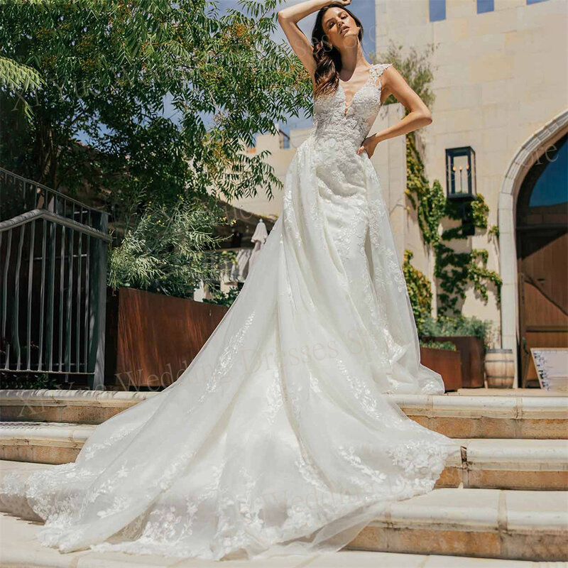 Sexy Mermaid Charming Women's Wedding Dresses New Lace Appliques Bride Gowns Backless With Detachable Train فساتين حفلات الزفاف