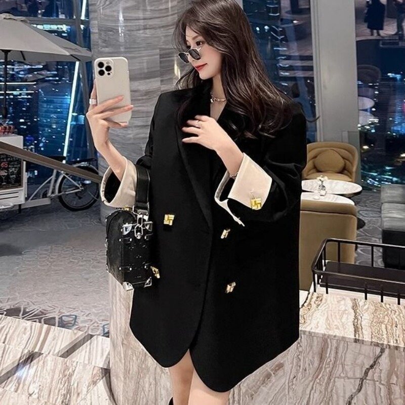 Luksusowy czarny garnitur marynarka Mujer dwurzędowe długie rękawy jesienna kurtka płaszcz w koreańskim stylu szykowny kieszeń biurowa, damska odzież nowość
