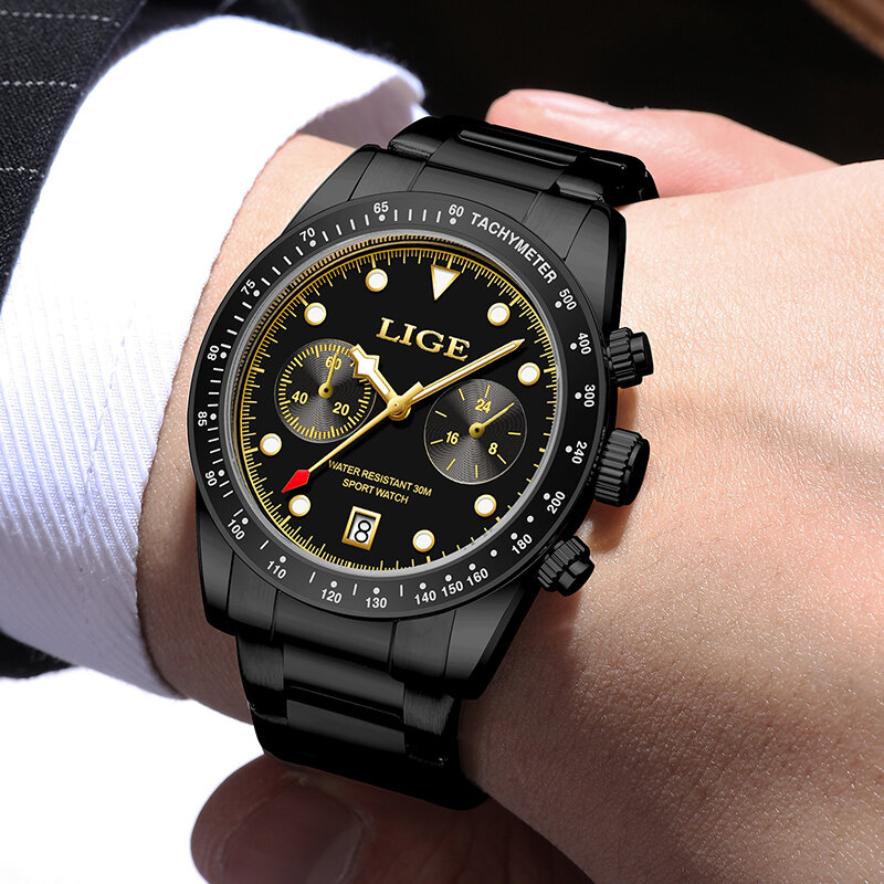 LIGE-Relógio de pulso quartzo de aço inoxidável masculino, Relógio Casual Empresarial, Moda Luxo, Data, Novo
