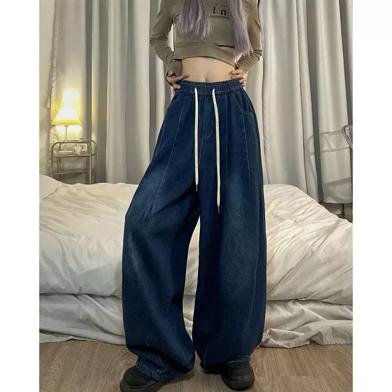 Jeans Baggy Vintage feminino, cintura elástica, calça jeans americana extragrande, streetwear de perna larga, calça básica reta, Y2k