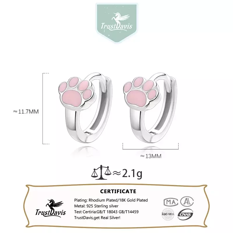 TrustDavis-Pink Cat Claw Hoop Earrings para mulheres e meninas, genuíno 925 Sterling Silver, joias finas, fofas, DS3960, na moda
