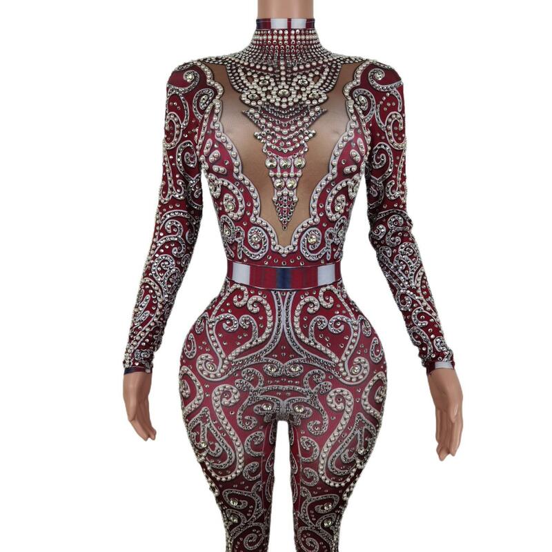 Carnival One Piece Jumpsuit for Women Sexy Romper Glitter Crystal Pole Dance Costume Nightclub Bar Stage Wear Outfits Quanquan