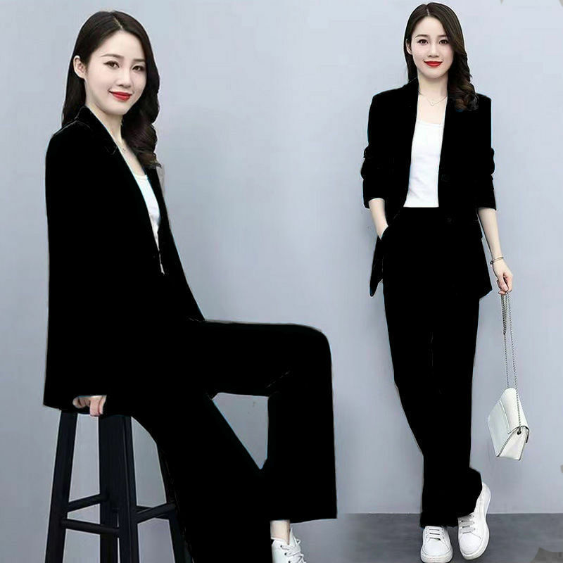 Conjunto de fashion e calça feminina de duas peças, moda outono, com pernas largas, casual, estilo coreano, elegante, traje de negócios, nova, 2022
