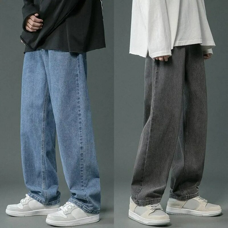 Jeans Denim nyaman untuk pria, celana Denim kaki lebar gaya Hip Hop, celana Jeans dicuci dengan saku untuk musim semi/musim gugur untuk pria