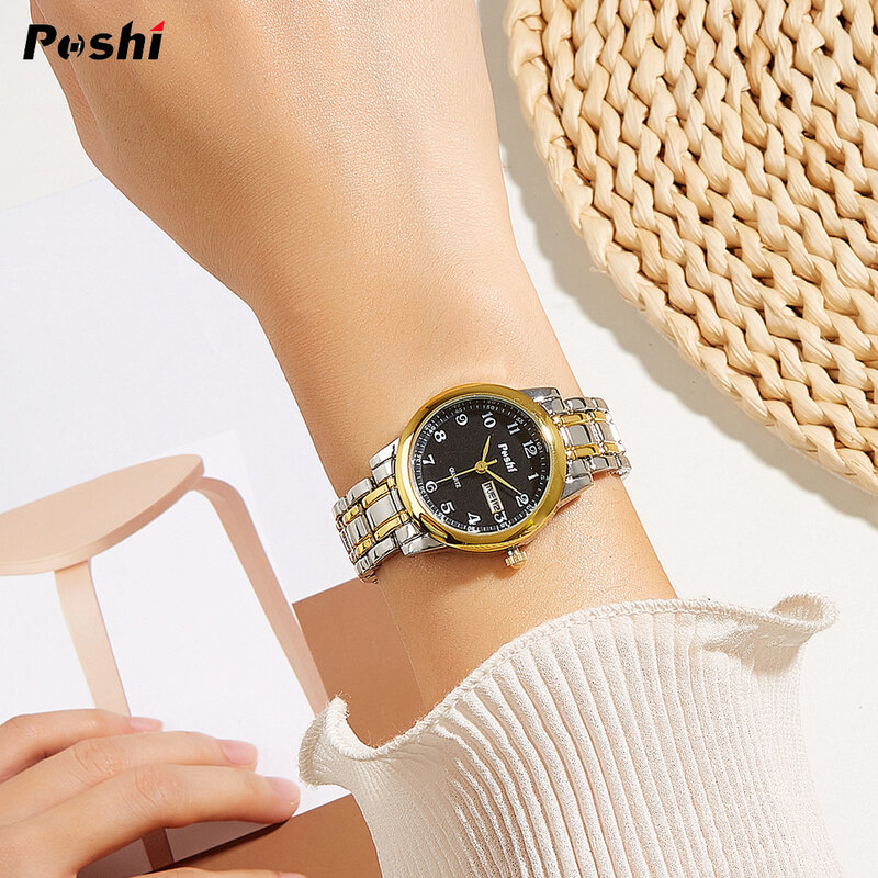 Poshi Originele Waterdichte Quartz Horloge Voor Vrouwen Mode Dames Armband Luxe Rvs Strap Date Week Dameshorloges