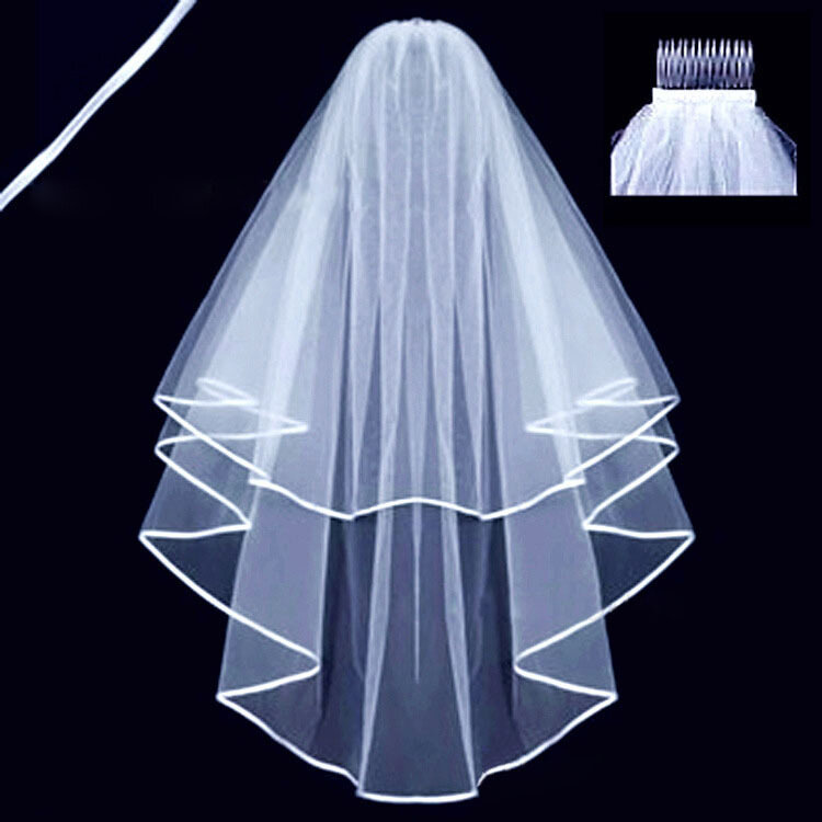 White  Ivory Wedding Veil 2 Tiers Ribbon Edge Center Cascade Bridal Veil with Comb for Bachelorette Party
