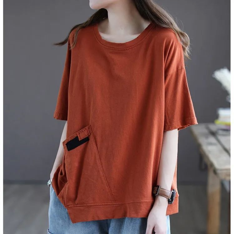 Summer New Plus Size All-match T Shirts Short Sleeve Pocket Patchwork Solid Color Loose Tops Street Casual Vintage Women Clothes
