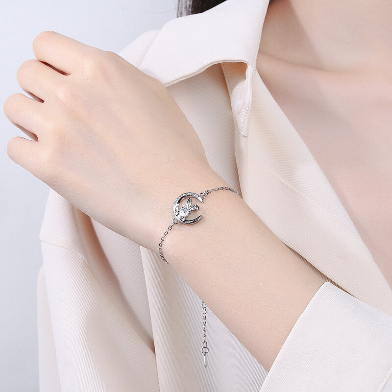 Exquisite Rose Gold Zirkoon Maan Konijn Armband Voor Meisjes Nieuwe Jaar Gift Trendy 925 Sterling Zilveren Armband Vrouwen Sieraden