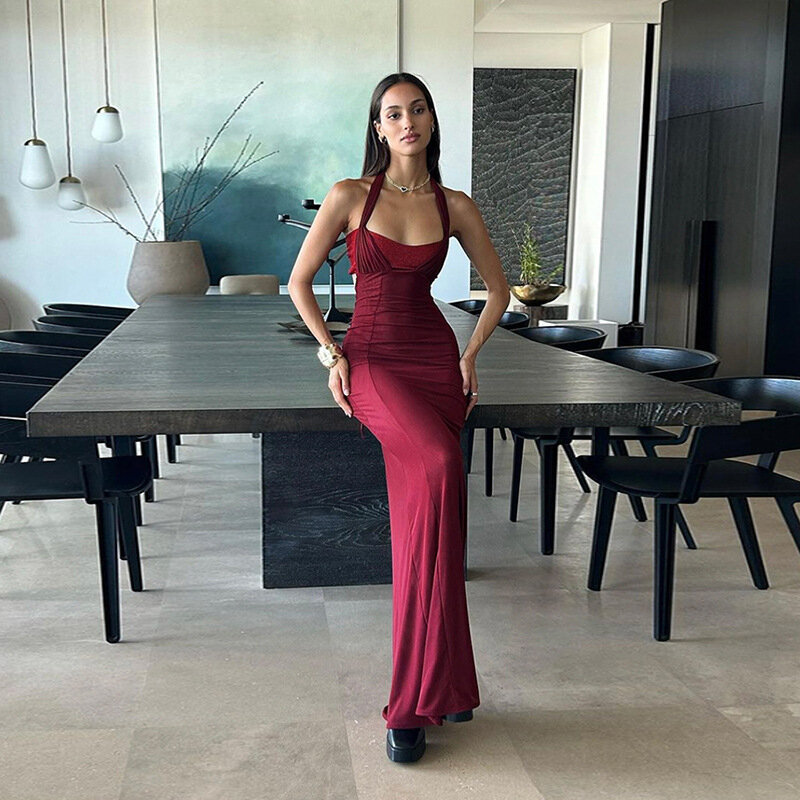 Burgundy Women's Prom Dress Halter Sleeveless Summer Long Maxi Party Gown Lace Up Back Daily Streetwear Skirt Robes In Stock