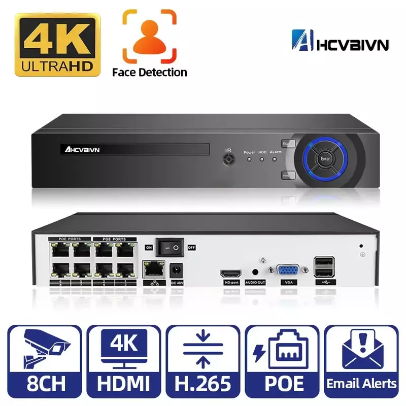 XMeye Ultra HD 8.0MP Network Video Recorder System 4k 8ch POE NVR with Human Detection AI Smart Face Playback Audio Function
