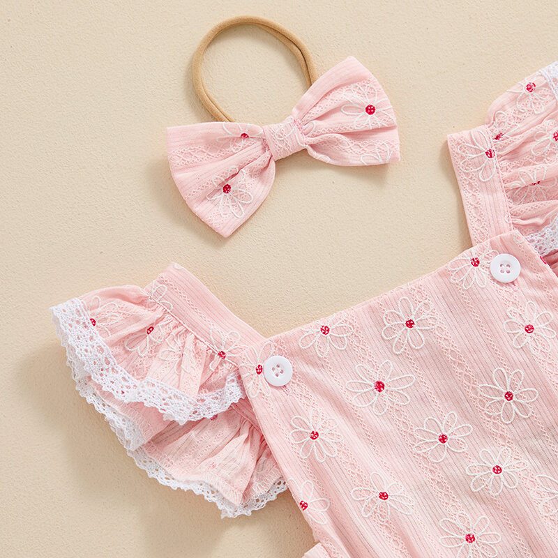 2024-03-18 Lioraitiin Baby Girls Rompers Flower Pattern Lace Trim Fly Sleeve Ruffles Bodysuits Summer Clothes with Headband