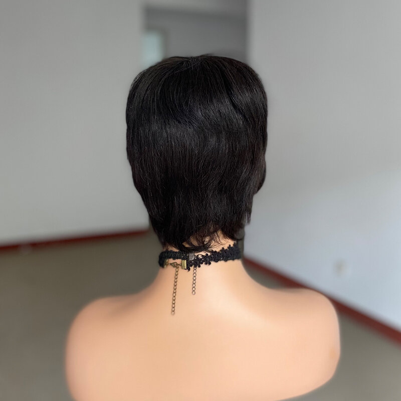 Clearence fryzura Pixie peruki z krótkim bobem dla czarnych damskie ludzkie włosy peruka z Bang brazylijski prosto pełna maszyna tanie peruki