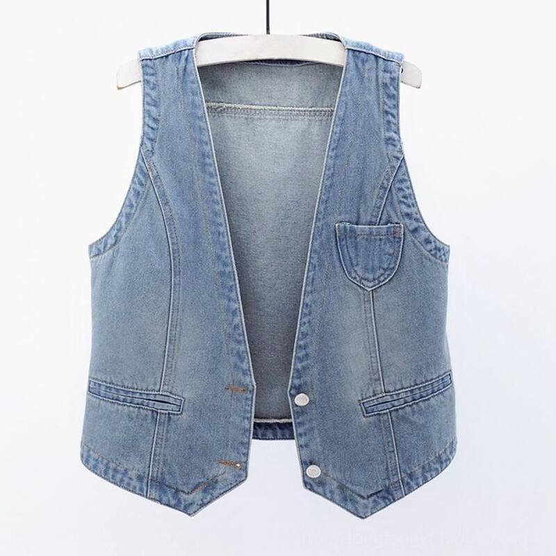 Women Long-sleeved Jacket Vintage Denim Vest with V Neck Double Buttons for Women Hop Streetwear Waistcoat for Fall Spring