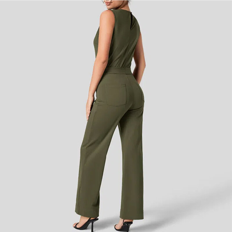 Women'S Casual Jumpsuits Summer Simple Solid Color Sleeveless Jumpsuits Fitting High Waist Button Straight Work Wear Jumpsuits