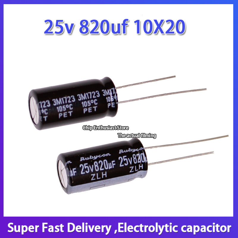 10 pces rubycon importado alumínio capacitor eletrolítico 25v 820uf 10x20 rubi zlh alta frequência e longa vida