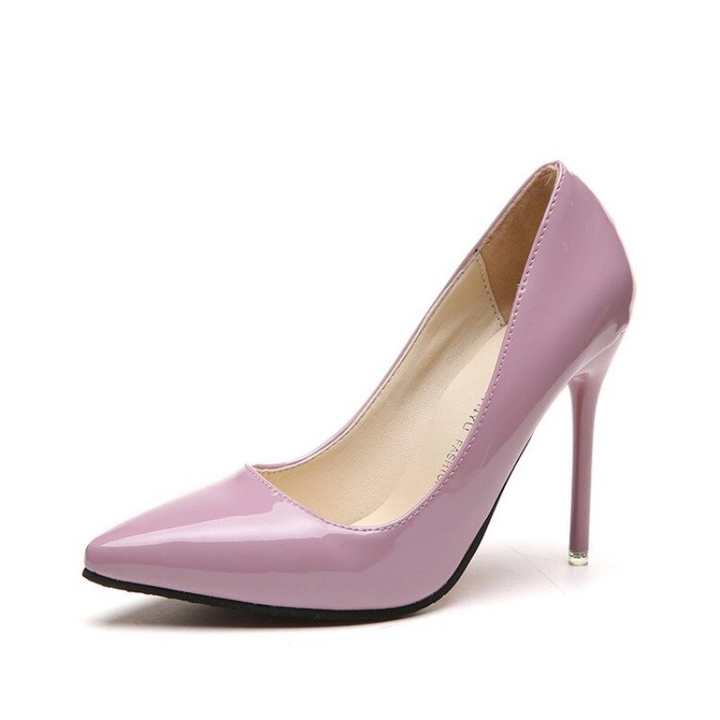 Sepatu pantofel hak tinggi wanita, sepatu pernikahan hak tipis ujung lancip seksi kulit paten modis ukuran besar 34-44 untuk wanita