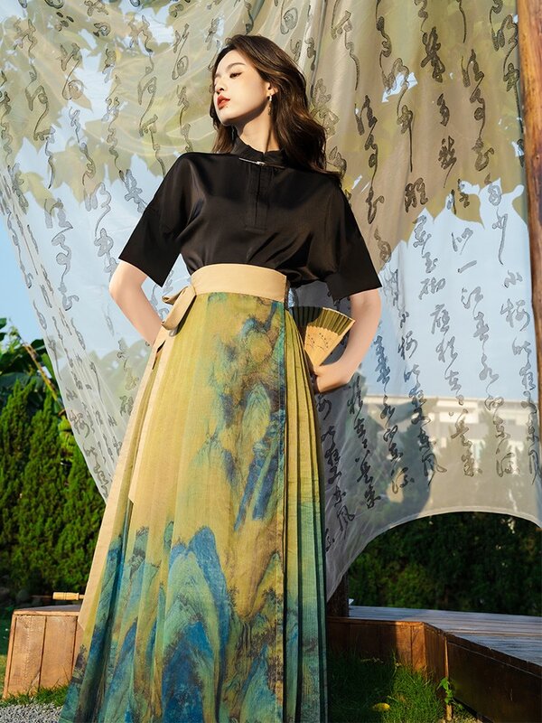 New Summer Modern Black Shirt Green Printed Horse Face Skirt 2pcs Female Elegant Traditional Chinese Hanfu Fairy Dresses Vestido