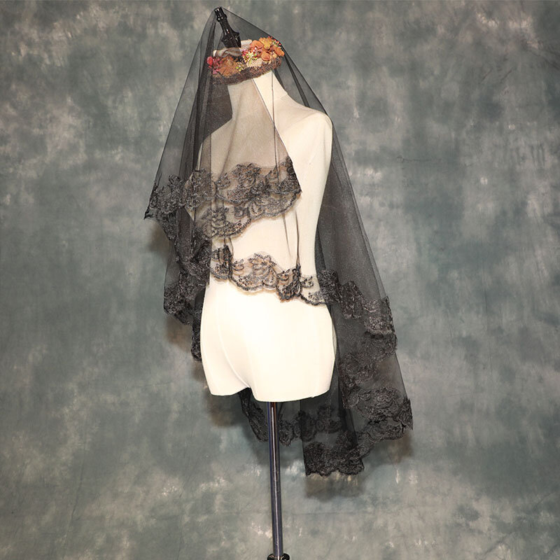 Velo de novia negro de una capa, Apliques de encaje corto con velo de novia, velo de marfil blanco champán, accesorio de boda, 1,5 M