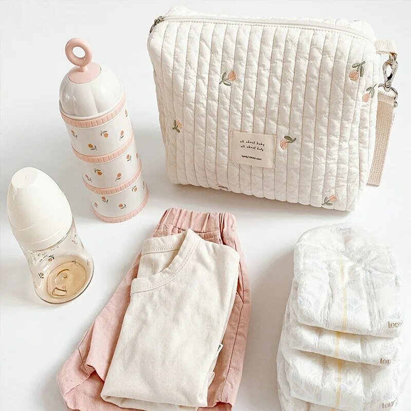Animal bordado algodão zíper mamãe saco, Frasco de fralda do bebê, Carrinho de armazenamento de lanches Saco pendurado Saco de armazenamento portátil 1 pc