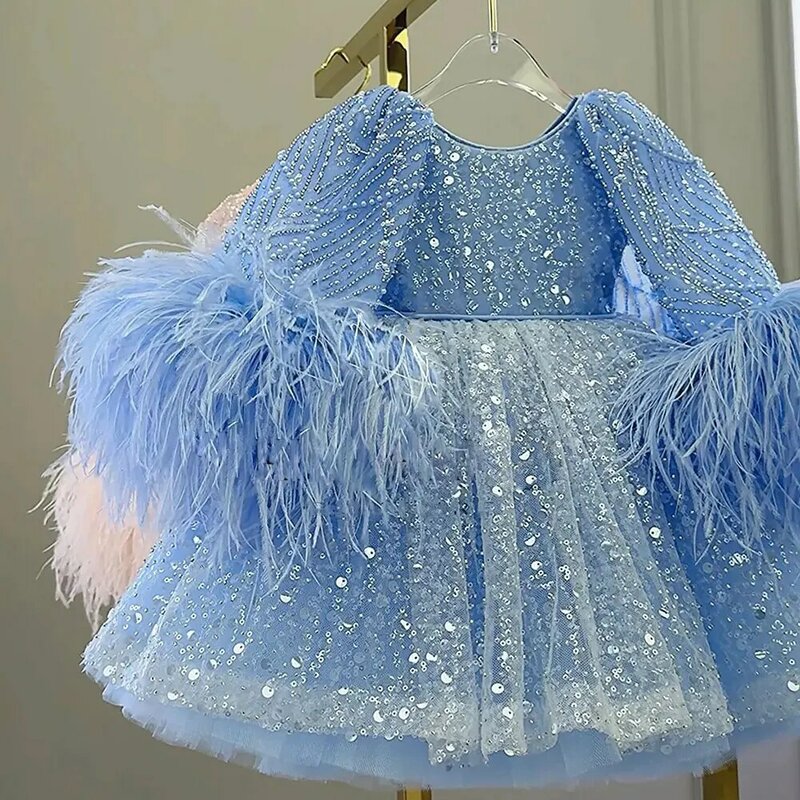 Jill Wish Luxury Blue eid al-fitr Girl Dress Feathers Cap Sleeve Kid Princess Wedding Birthday Holiday Pink Party Gown 2024 J170