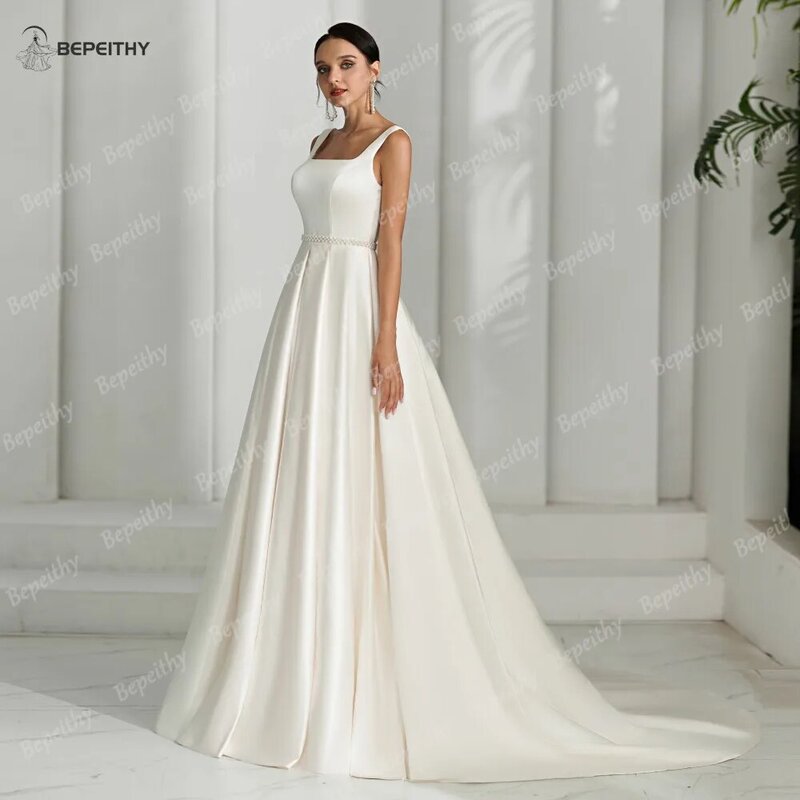 Brepeithy 2024 gaun pernikahan A Line persegi gaun pengantin gading Vintage punggung terbuka gaun pengantin tanpa lengan gaun pengantin wanita