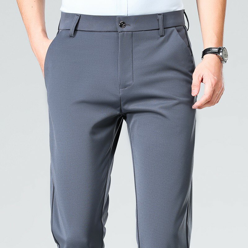 Calça formal de manga reta elástica masculina, calça longa, fina, plus size, comercial, moda casual, verão