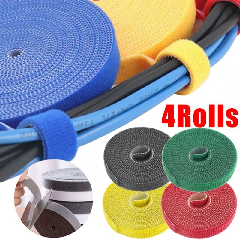 4-1Rolls Nylon Cable Ties Power Wire Loop Tape USB Cable Self Adhesive Organizer Ties for Earphone Wire Home Office Organizer