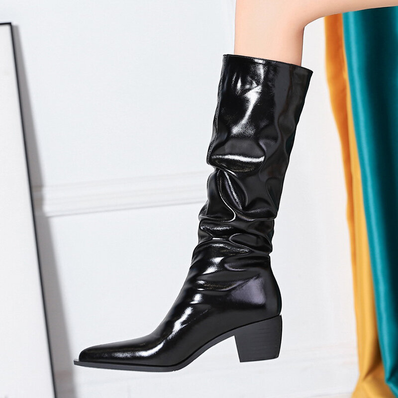 ZOOKERLIN 여성용 포인티드 플리츠 정품 가죽 신발, 블랙 섹시 부츠, 두꺼운 힐, 무릎 길이 부츠, 가을 겨울, 신상