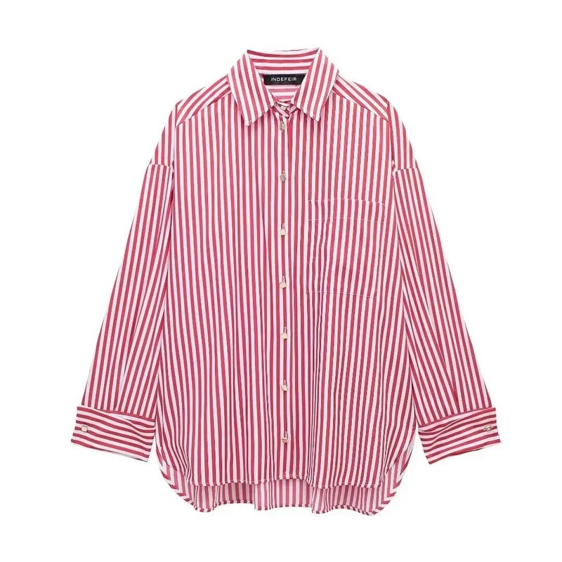 Blusa holgada de manga larga con dobladillo para mujer, camisa Vintage a rayas, Tops elegantes, 2024
