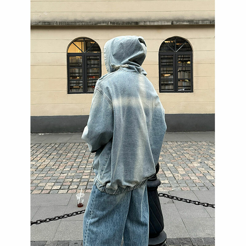 Jaqueta Vintage Denim Hoodie masculina, jaqueta com capuz