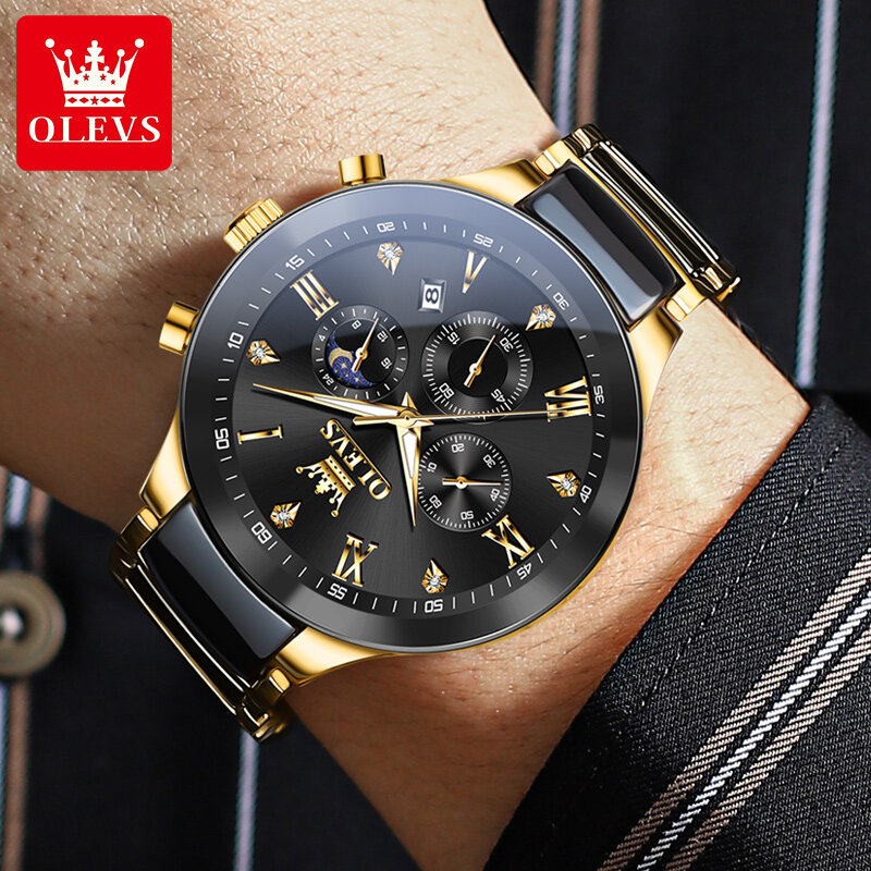 OLEVS nowy zegarek kwarcowy dla mężczyzn chronograf z fazą księżyca męski zegarek moda luksusowy pasek ceramiczny wodoodporny Luminous Reloj Hombre