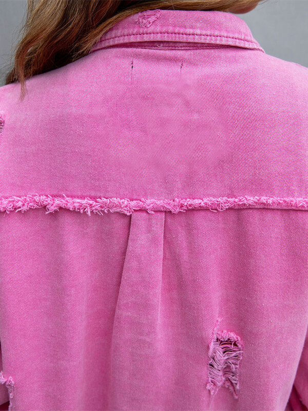 Женская джинсовая куртка с необработанными краями, демисезонная стильная рубашка с отверстиями, Повседневная Верхняя одежда розового, красного, оранжевого, фиолетового цветов, Женское пальто, 2023