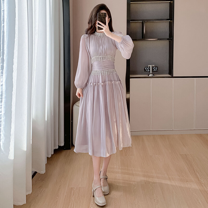 Женское облегающее платье средней длины, роскошное весеннее платье из органзы с воротником-стойкой и бахромой со стразами, оборками и пышными рукавами, дизайнерское платье во французском стиле