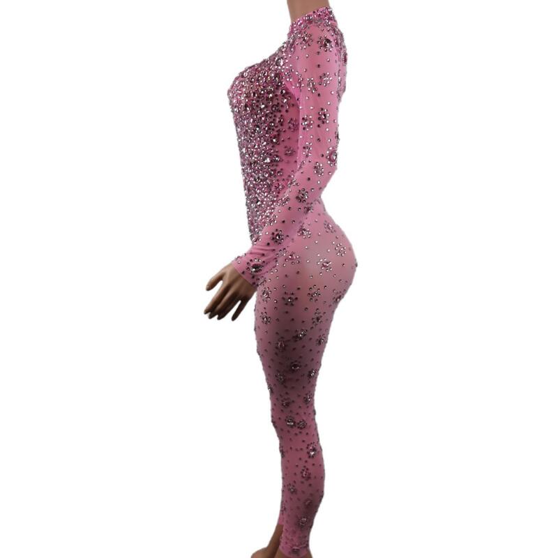 여성용 섹시한 라인스톤 바디 수트 무대 복장, 여성 가수 핑크 레깅스, 나이트 클럽 크리스탈 코스튬 댄스 점프 수트
