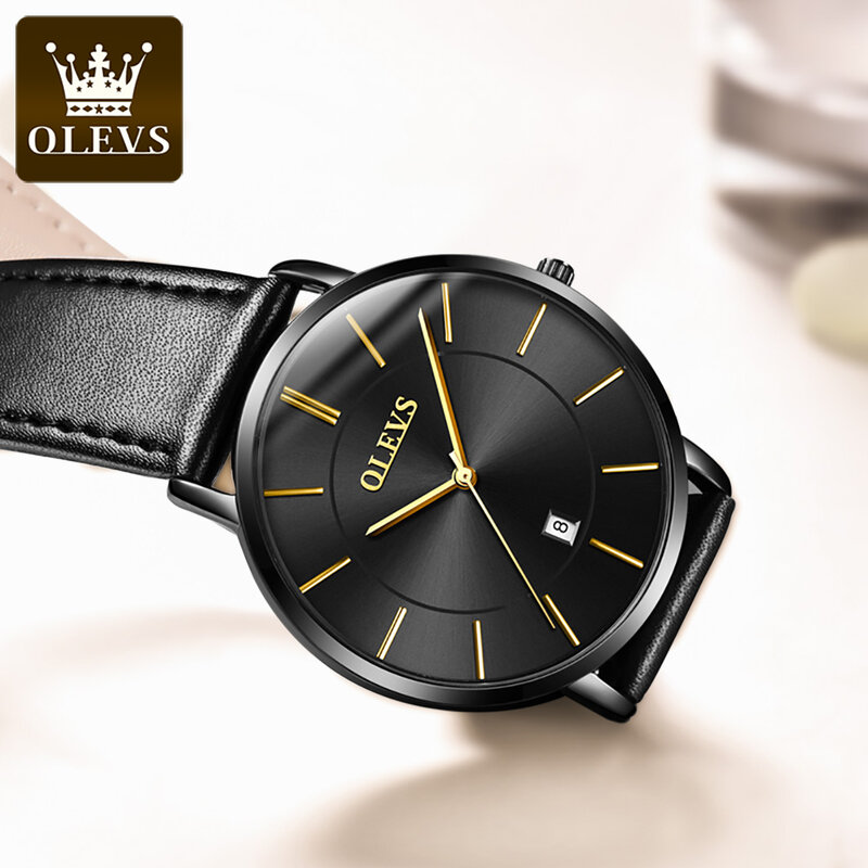 OLEVS jam tangan Quartz pria klasik, Ultra tipis, 6.5mm, kulit, tahan air dengan tanggal