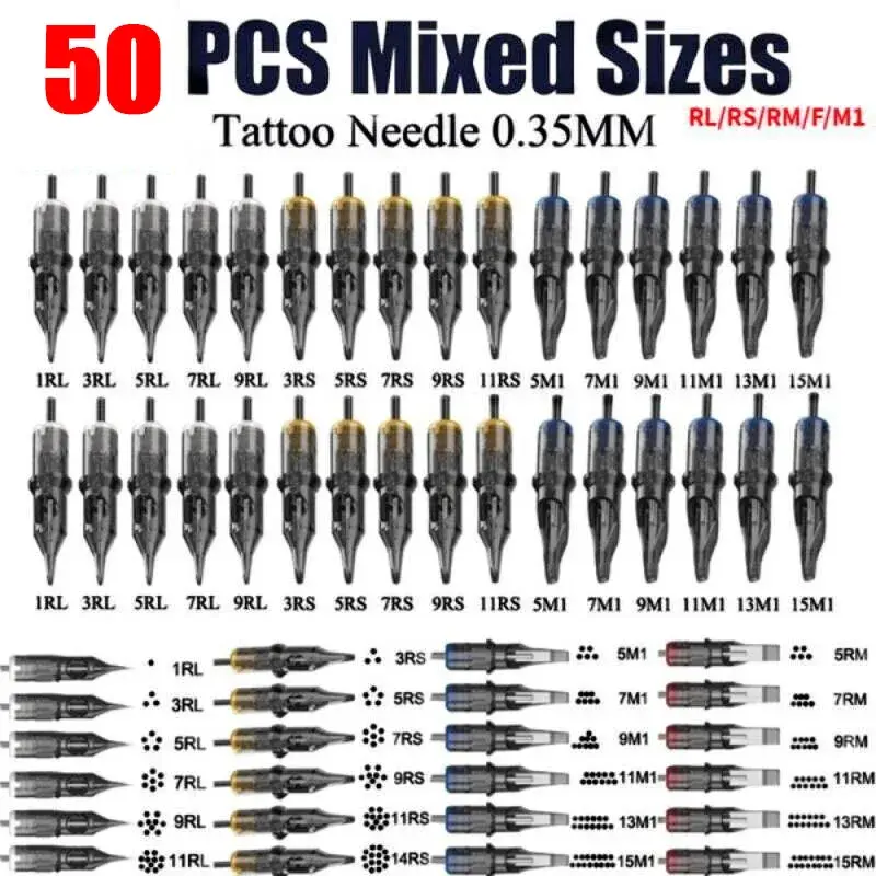 Cartucho de agujas de tatuaje para tatuar, Cartucho mixto Original de 50 piezas, RL, RS, RM, M1, F, desechables, esterilizadas, de seguridad