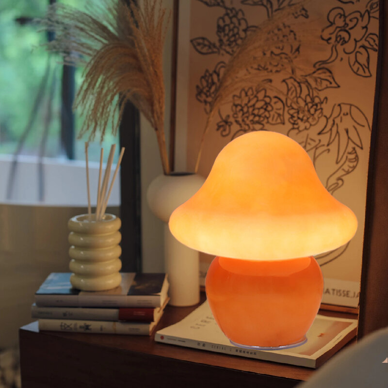 Lampu jamur kaca jamur oranye lampu meja jamur untuk kamar tidur, ruang tamu, lampu estetika untuk kamar tidur, lampu samping tempat tidur lucu