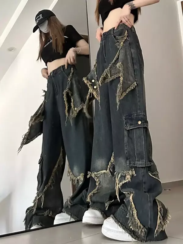 Женские свободные джинсы с широкими штанинами, в американском ретро-стиле
