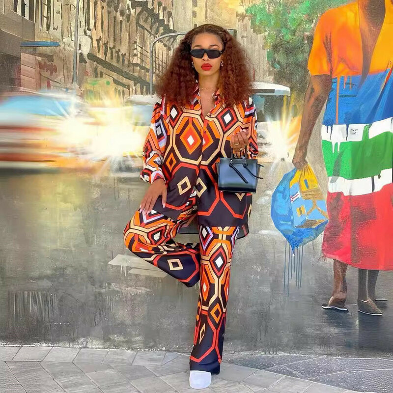 Africa 2024 Printed Long Sleeve Shirt with Elastic Trousers Casual Suit Basic Women's Wear 2307