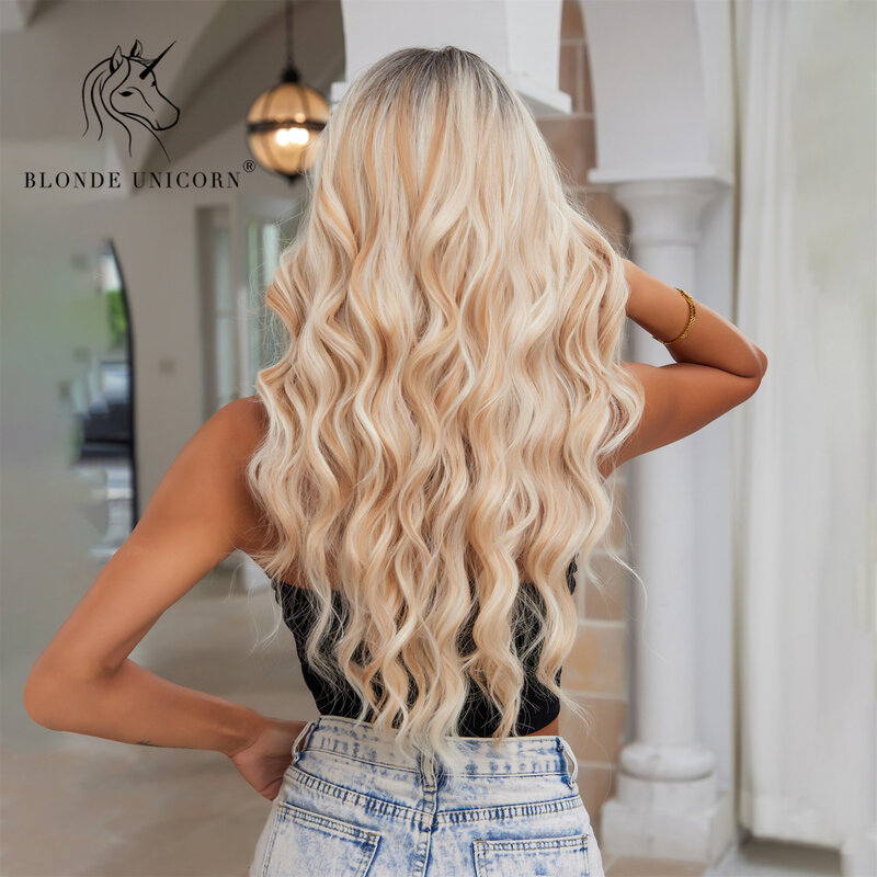 Блонд Единорог Омбре блонд коричневый синтетический парик длинные волнистые парики с челкой ежедневный Косплей фотографический используется Термостойкое волокно для женщин